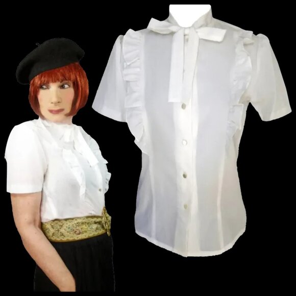 Vintage White Blouse with Neck Bow, Short Sleeves Early 60s Unused NWOT - Picture 2 of 13